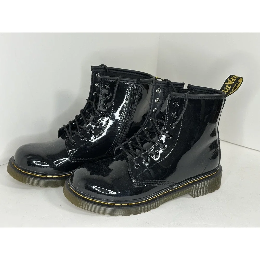 Dr. Martens Combat Boots Youth Kids Sz 3 Black Patent Leather Lace‎ Zip 1460J
